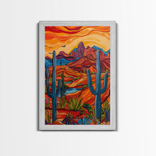 Load image into Gallery viewer, Framed Canvas Print, Bright Desert Landscape with Cacti and Mountains, Perfect Wall Art for Living Room or Bedroom
