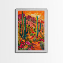 Load image into Gallery viewer, Framed Canvas Print, Vibrant Desert Scene with Saguaro Cacti and Flowers, Unique Wall Art for Living Room or Bedroom
