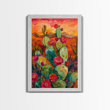 Load image into Gallery viewer, Framed Canvas Print, Blooming Cacti in Desert Sunset, Stunning Wall Art for Living Room or Bedroom Decor
