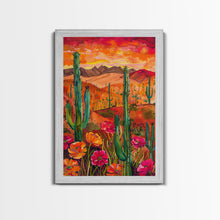 Carregar imagem no visualizador da galeria, Framed Canvas Print, Vibrant Desert Landscape with Flowers and Cacti, Perfect Wall Art for Living Room or Bedroom Decor
