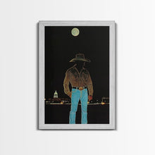 Load image into Gallery viewer, Cowboy Under the Moon Print - Framed Canvas Wall Art, Rustic Western Decor, Nighttime Cowboy Artwork for Living Room, Western Night Sky
