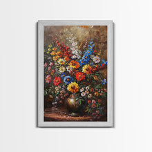 Load image into Gallery viewer, Bold Flower Bouquet Art on Dark Background - Framed Canvas Print, Vibrant Floral Wall Art for Living Room, Modern Artwork, Flower Decor
