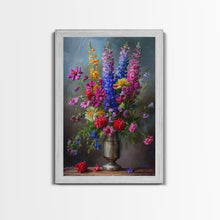 Load image into Gallery viewer, Dramatic Floral Vase Art on Rich Background - Framed Canvas Print, Bold Flower Decor for Living Room, Botanical Artwork, Floral Wall Art
