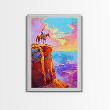 Load image into Gallery viewer, Cowboy on Cliff Edge at Sunset - Colorful Western Landscape Painting, Sunset Wall Art, Living Room Decor, Cowboy Canvas Print
