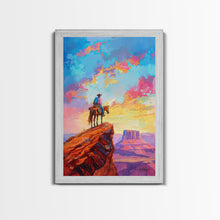 Load image into Gallery viewer, Cowboy on Horseback Overlooking Canyon - Vibrant Western Landscape Art, Sunset Painting, Living Room Decor, Cowboy Canvas Print
