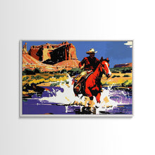 Load image into Gallery viewer, Crossing The Colorado River, Framed Canvas Print, Kitsch Western Wall Art, Colorful Western Painting Original Artwork, Pop Art Painting

