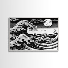 Carregar imagem no visualizador da galeria, Black and White Wave Canvas Print, Hokusai Inspired Wall Art, Woodblock Print Style, Wall Art, Vintage Style Wall Art
