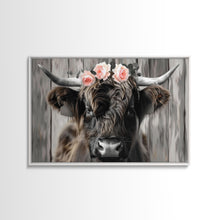 Load image into Gallery viewer, Framed Canvas Wall Art, Cute Highland Cow Print, Modern Wall Art Farmhouse Decor, Fun Rustic Farmhouse Art, Life On The Farm, Cow and Flower
