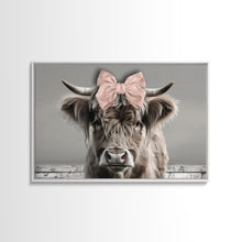 Carregar imagem no visualizador da galeria, Framed Canvas Print, Cute Highland Cow Wearing A Pink Bowtie, Framed Wall Decor, Rustic Minimalist Farmhouse Decor, Western Art
