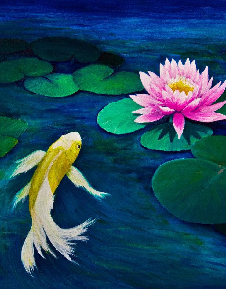 Koi Fish with Pink Water Lily Painting Wall Mural. #6000