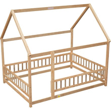 Load image into Gallery viewer, Full Size Floor Wooden Bed with House Roof Frame, Fence Guardrails, Natural
