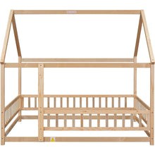 Load image into Gallery viewer, Full Size Floor Wooden Bed with House Roof Frame, Fence Guardrails, Natural
