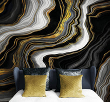 Carregar imagem no visualizador da galeria, Black and Gold Abstract Marble Stone Pattern Peel and Stick Wallpaper. #6146
