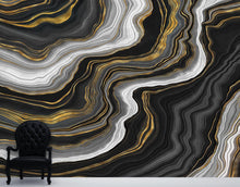 Carregar imagem no visualizador da galeria, Black and Gold Abstract Marble Stone Pattern Peel and Stick Wallpaper. #6146
