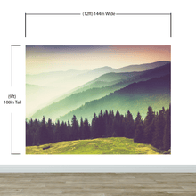 Cargar imagen en el visor de la galería, Colorful Foggy Mountain Forest View Wall Mural | Peel and Stick Wallpaper. #6159
