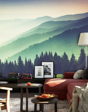 Load image into Gallery viewer, Colorful Foggy Mountain Forest View Wall Mural | Peel and Stick Wallpaper. #6159
