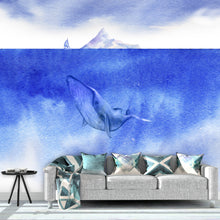 Carregar imagem no visualizador da galeria, Whale in Ocean Wall Mural. Watercolor artwork of whale, island and sailboat. Peel and Stick Wallpaper. #6197
