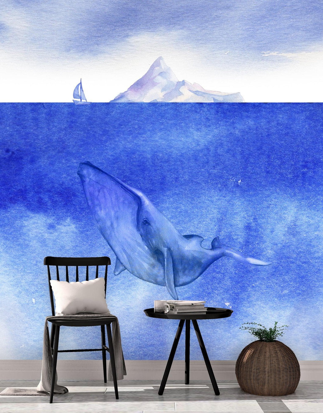 Whale in Ocean Wall Mural. Watercolor artwork of whale, island and sailboat. Peel and Stick Wallpaper. #6197