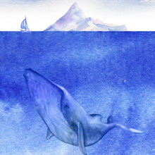 Cargar imagen en el visor de la galería, Whale in Ocean Wall Mural. Watercolor artwork of whale, island and sailboat. Peel and Stick Wallpaper. #6197
