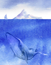 Cargar imagen en el visor de la galería, Whale in Ocean Wall Mural. Watercolor artwork of whale, island and sailboat. Peel and Stick Wallpaper. #6197
