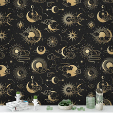 Carregar imagem no visualizador da galeria, Astronomy Pattern Peel and Stick Wallpaper. Stars, Sun, Moon and Cloud. Removable Wall Mural #6208
