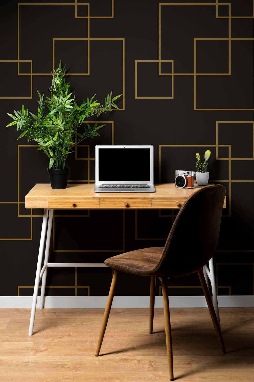 Dark Brown and Gold Square Geometric Pattern Peel and Stick Wallpaper | Removable Wall Mural #6215