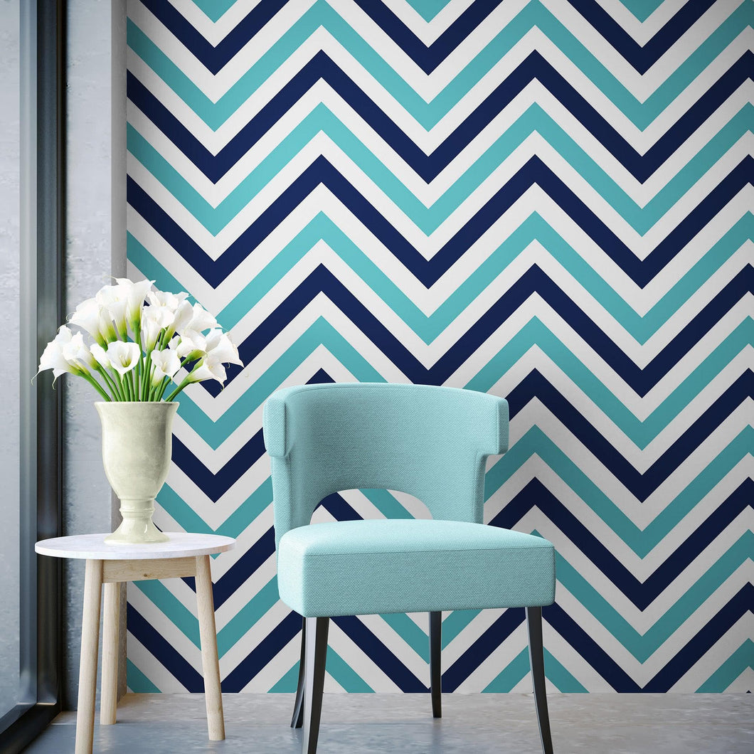 Seaside Chic Decor. Navy Blue and Teal Chevron Pattern Wallpaper. #6222