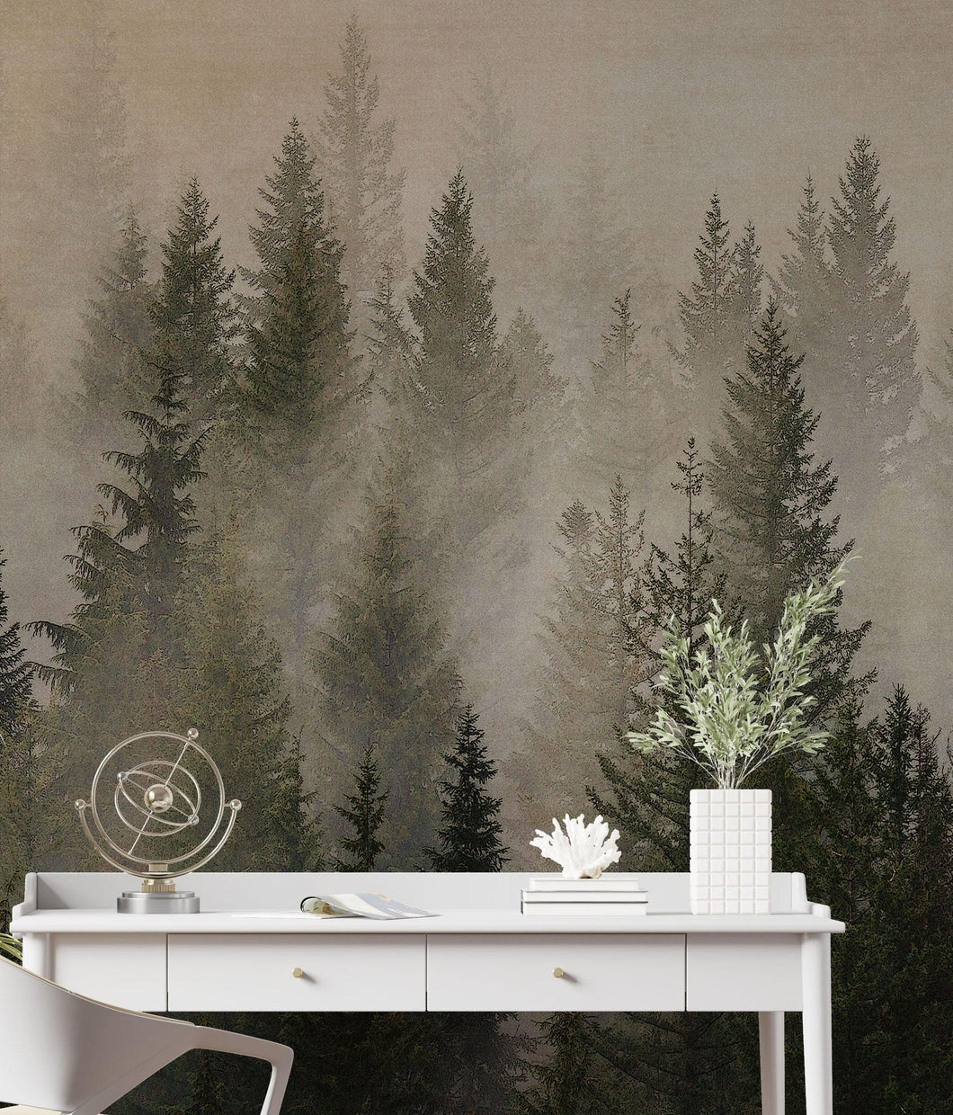 Misty Pine Tree Forest Landscape Wallpaper. Peel and Stick Wall Mural. Self Adhesive Nursery Wall Decor. #6237