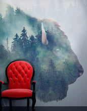 Cargar imagen en el visor de la galería, Foggy Mountain Forest View with Bison Buffalo Overlay Natural Scenery Wall Mural #6282.
