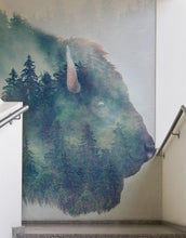 Cargar imagen en el visor de la galería, Foggy Mountain Forest View with Bison Buffalo Overlay Natural Scenery Wall Mural #6282.
