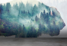 Cargar imagen en el visor de la galería, Foggy Mountain Forest View with Bison Buffalo Overlay Natural Scenery Wall Mural #6282.
