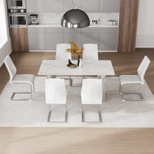 Carregar imagem no visualizador da galeria, Table and chair set, modern and minimalist dining table. Imitation marble glass sticker desktop, stainless steel legs, stable and beautiful. Comfortable PU seats. DT-69
