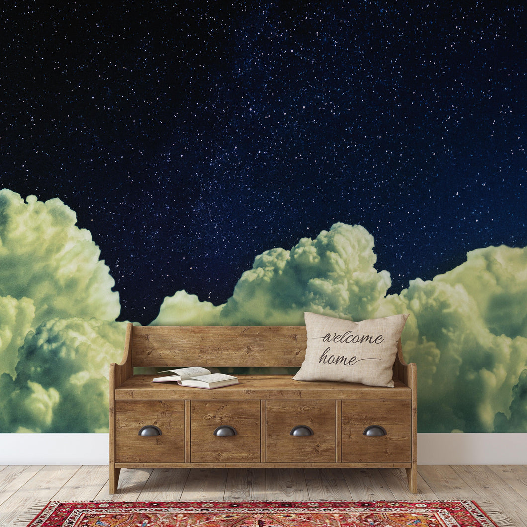 Dreamy Cloudy Night Among the Stars Wall Mural. Abstract Night Sky, Stars and Clouds. Peel and Stick Wallpaper. #6300