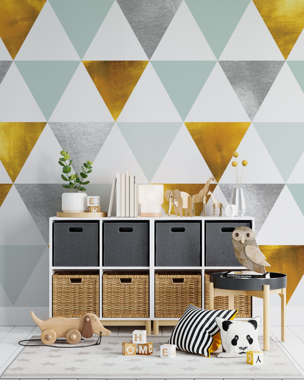 Triangle Geometric Abstract Pattern Wall Mural. Gold, Silver, Teal, Turquoise and White Color Pattern. #6306