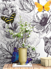 Cargar imagen en el visor de la galería, Butterflies in Flower Garden Wall Mural. Retro Black and White Illustration Floral Design. #6320
