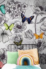 Cargar imagen en el visor de la galería, Butterflies in Flower Garden Wall Mural. Retro Black and White Illustration Floral Design. #6320
