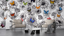 Cargar imagen en el visor de la galería, Butterflies in Flower Garden Wall Mural. Retro Black and White Illustration Floral Design. #6320
