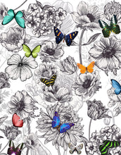 Cargar imagen en el visor de la galería, Butterflies in Flower Garden Wall Mural. Retro Black and White Illustration Floral Design. #6320
