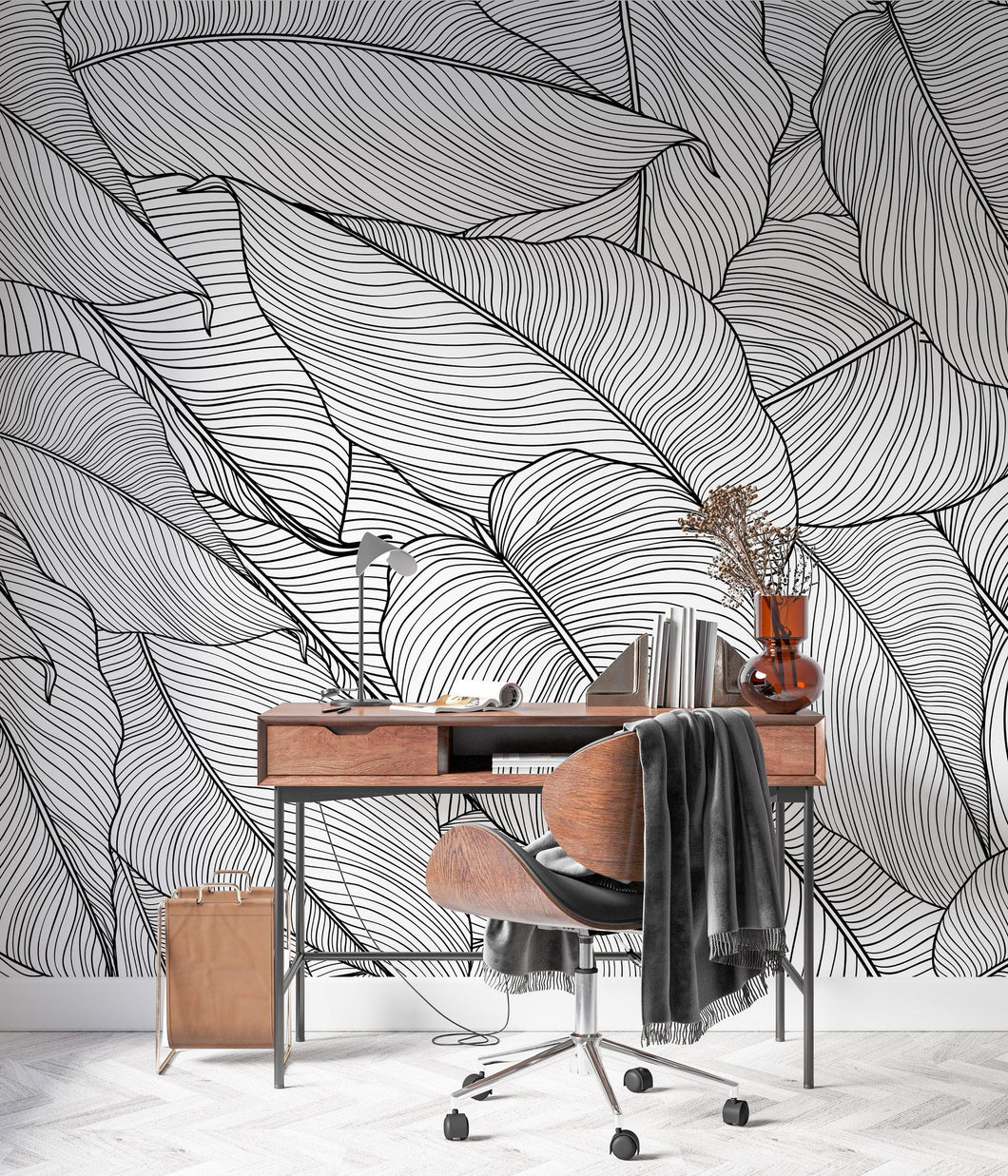 Banana Leaves Wallpaper, Palm Leaves Line Art Pattern Peel and Stick Wall Mural. #6330