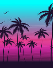 Carregar imagem no visualizador da galeria, Miami Tropical Palm Tree Illustration Vice Color Sunset Wall Mural. Bright Miami Vice Blue and Fuchsia Colors. #6331
