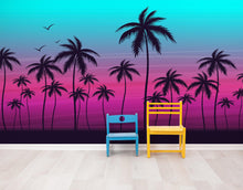 Carregar imagem no visualizador da galeria, Miami Tropical Palm Tree Illustration Vice Color Sunset Wall Mural. Bright Miami Vice Blue and Fuchsia Colors. #6331
