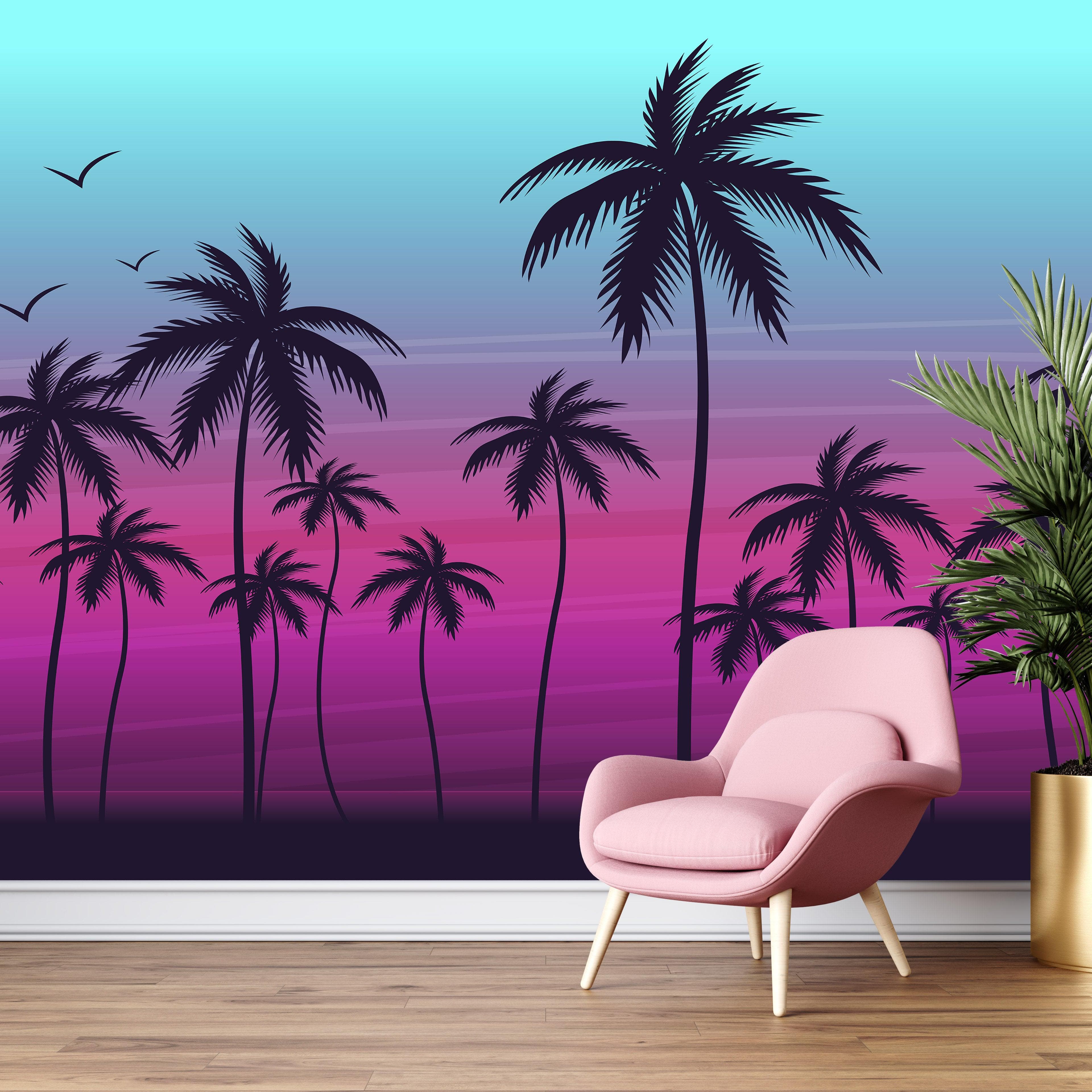 Miami Tropical Palm Tree Illustration Vice Color Sunset Wall Mural. Br