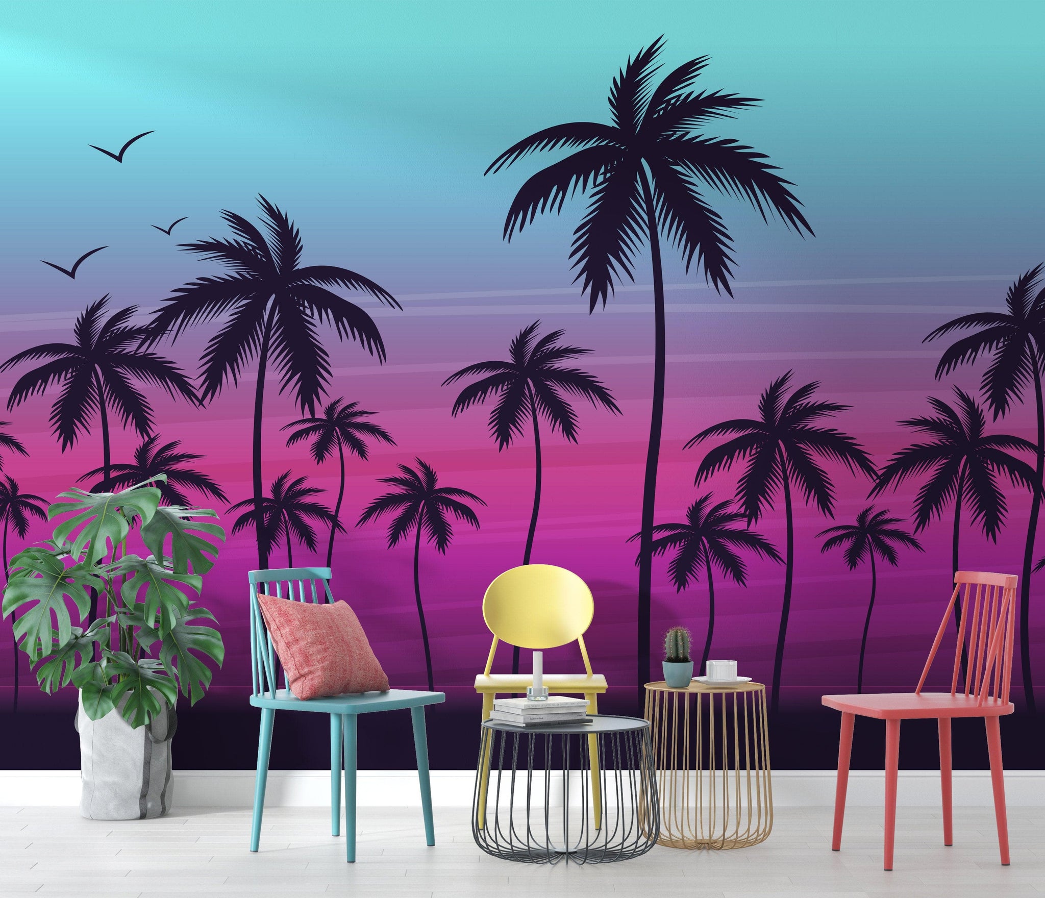 Miami Tropical Palm Tree Illustration Vice Color Sunset Wall Mural. Br