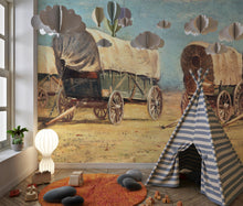 Cargar imagen en el visor de la galería, Western Cowboy Theme Wall Mural Decor. Study of Covered Wagons by Samuel Colman. Painting Artwork. Peel and Stick Wallpaper. #6339
