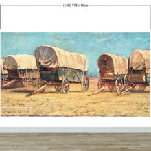 Cargar imagen en el visor de la galería, Western Cowboy Theme Wall Mural Decor. Study of Covered Wagons by Samuel Colman. Painting Artwork. Peel and Stick Wallpaper. #6339
