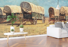 Cargar imagen en el visor de la galería, Western Cowboy Theme Wall Mural Decor. Study of Covered Wagons by Samuel Colman. Painting Artwork. Peel and Stick Wallpaper. #6339
