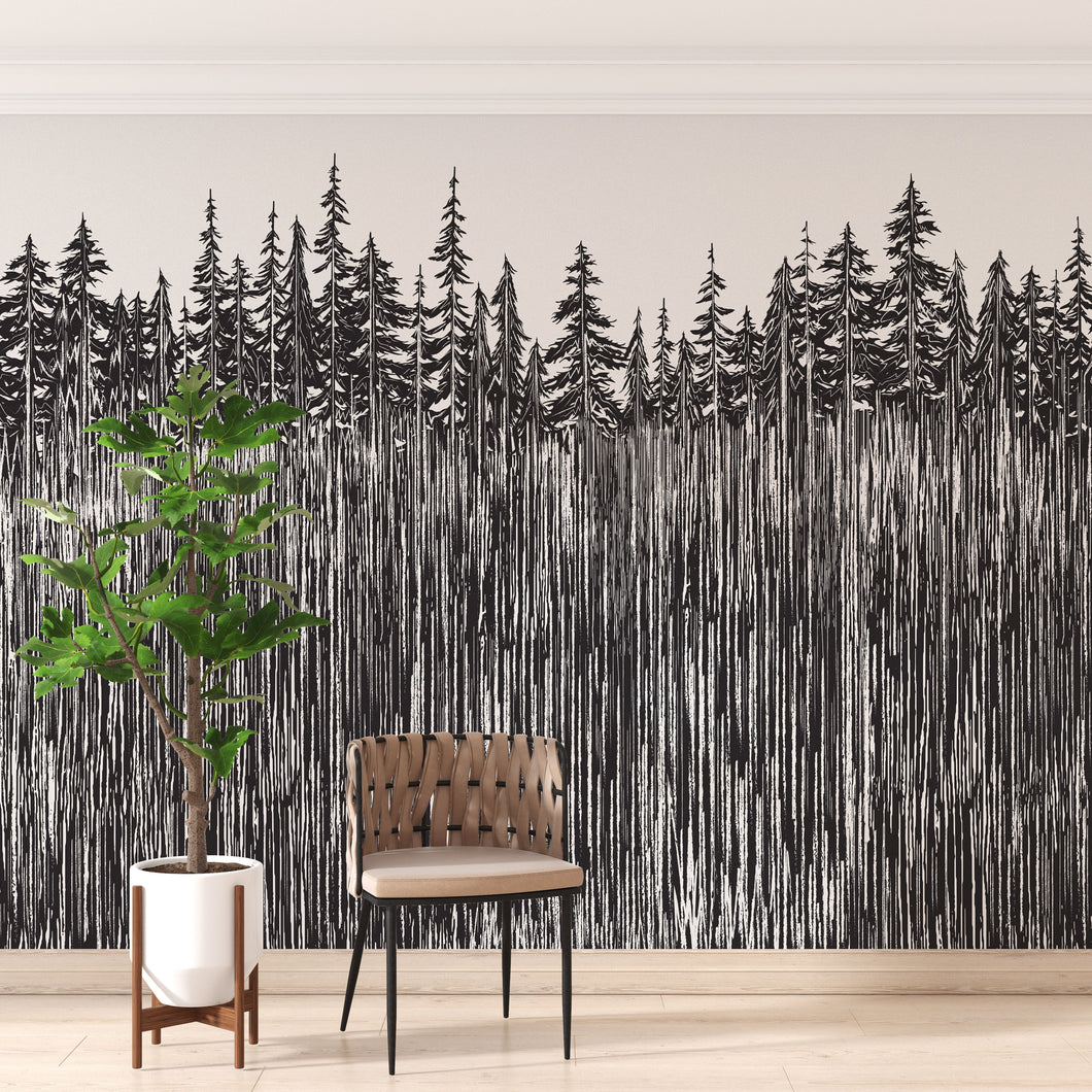 Forest Trees Trunks Grunge Illustration Wall Mural. Peel and Stick Wallpaper. Abstract Lines Silhouette Outdoors Scenery. #6345