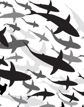 Carregar imagem no visualizador da galeria, Shark Frenzy Underwater Wall Mural. Peel and Stick Wallpaper. Black and White Shark Silhouettes  #6347
