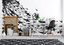 Carregar imagem no visualizador da galeria, Shark Frenzy Underwater Wall Mural. Peel and Stick Wallpaper. Black and White Shark Silhouettes  #6347
