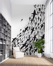 Carregar imagem no visualizador da galeria, Shark Frenzy Underwater Wall Mural. Peel and Stick Wallpaper. Black and White Shark Silhouettes  #6347
